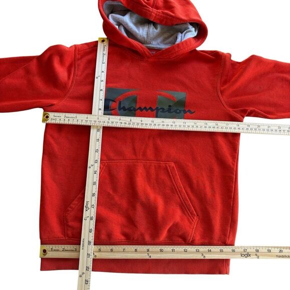 Boys Champion Logo Orange Red Distressed Casual Athletic Sweatshirt Hoodie Sz L - Picture 6 of 12
